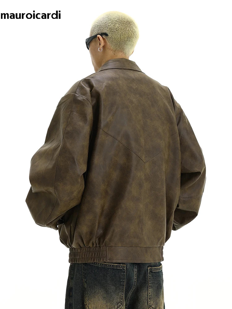 Mauroicardi Spring Cool Distressed Brown Pu Leather jacket